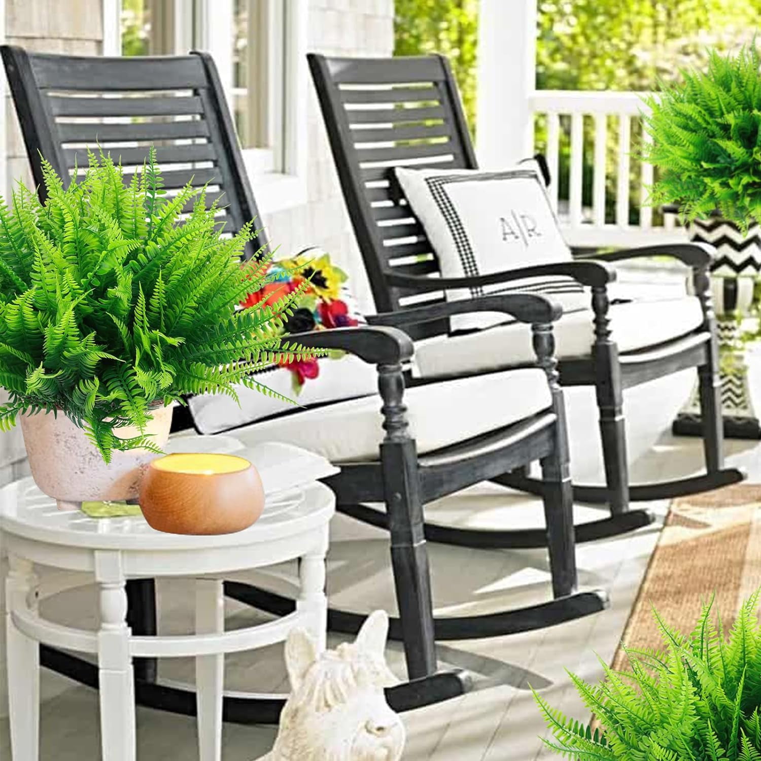 24 Pcs Artificial Boston Ferns for Outdoors UV Resistant Greenery Stems Faux Shrubs Plants for Garden Front Porch Table Window Box Home Decorations