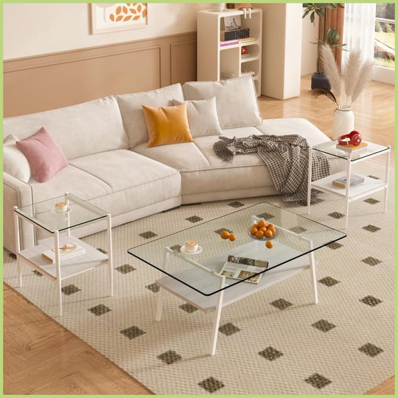 3-Piece Coffee & End Table Set for Living Room, Tempered Glass Easy-Clean with MDF Storage
