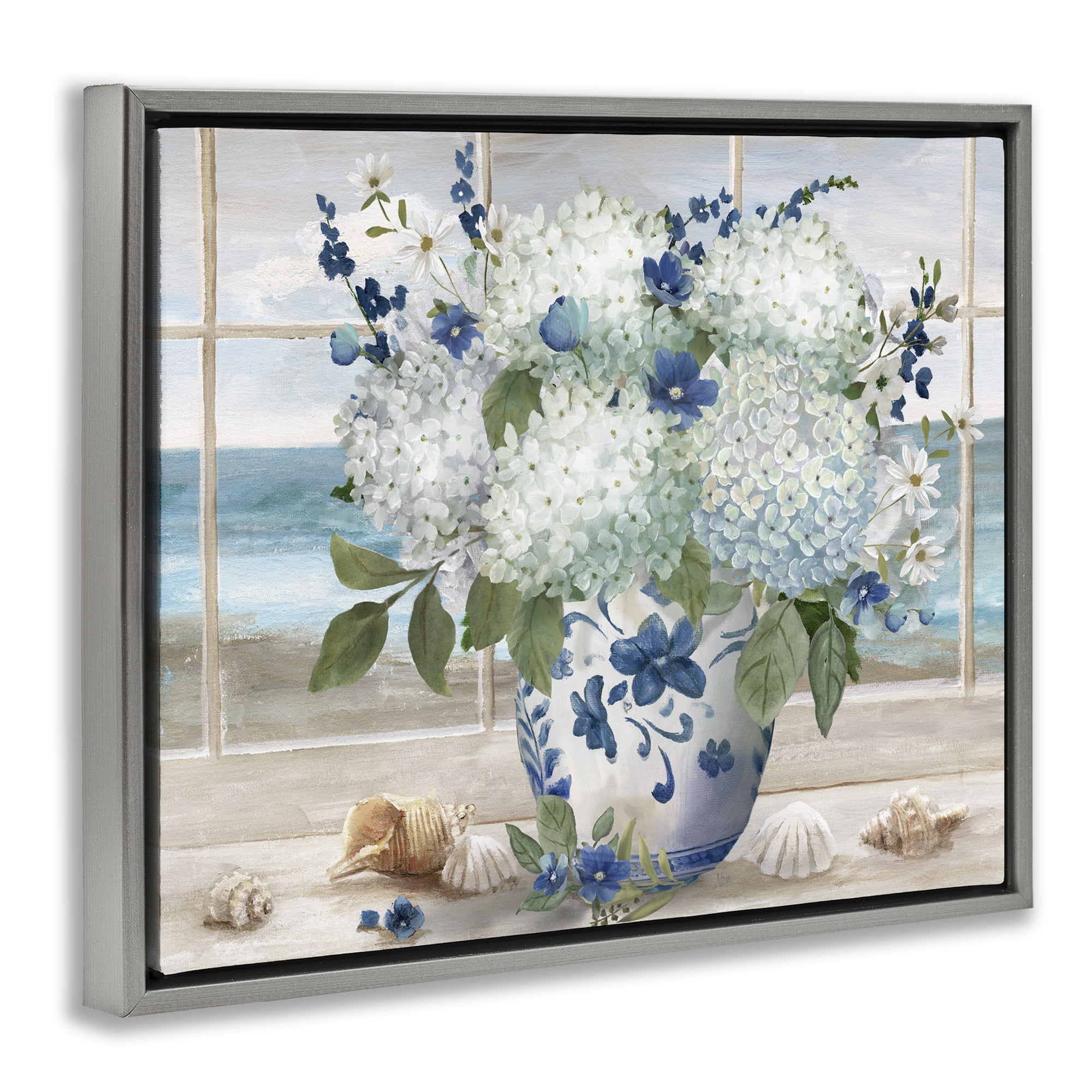 Stupell Industries Seaside Hydrangea Bouquet in Window Gray Framed Floater Canvas Wall Art, design by Nan
