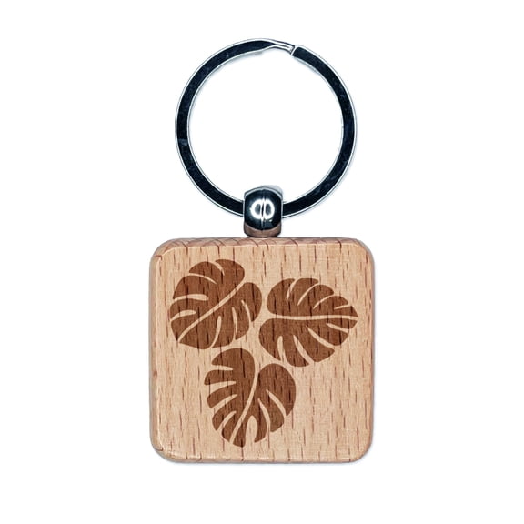 Monstera Leaves Trio Square Keychain Charm Tag - Engraved Wood