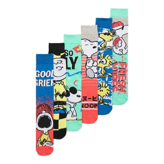 Peanuts Charlie Brown and Snoopy Crew Socks, 6-Pack