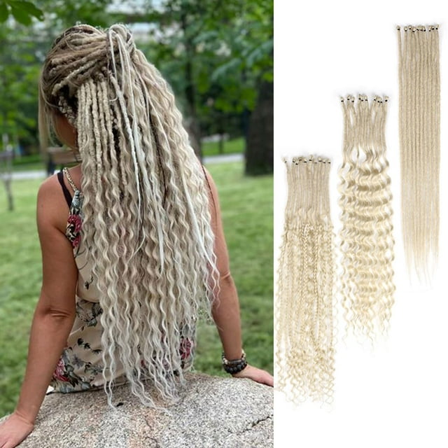 Lounoke 24 Inch 30 Strands SE Dreadlock Extensions Sets?3 In 1 Mixed Synthetic Dreads Extensions, 613 Blonde Straight&Curly&Boho Handmade Dreads Hippie Style Dreadlocks for Woman