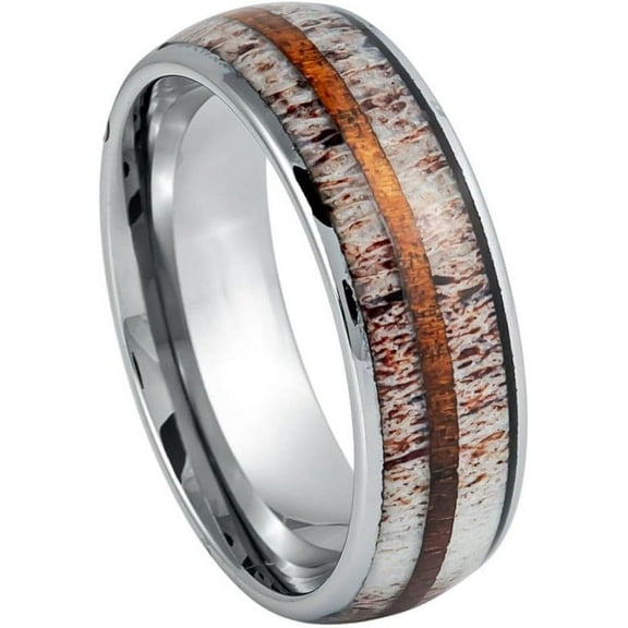 Ring for Men and Women Thin Whiskey Barrel Strip & Deer Antler Inlay – 8mm Wedding Band Ring Ideal Rings for Couples