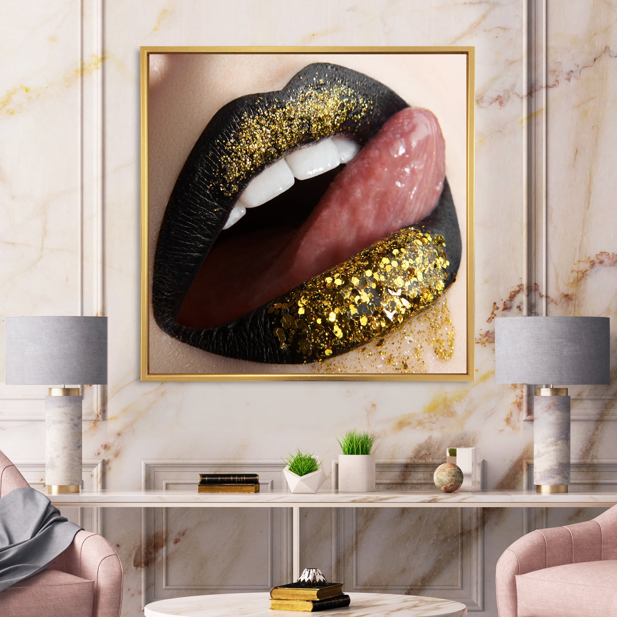 Designart 'Woman Lips Black Lipstick and Gold Sequins' Modern Framed Canvas Wall Art Print