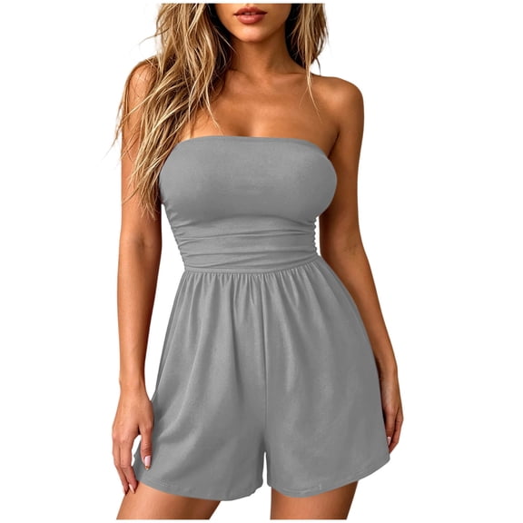LEKWK Jumpsuits for Women Shorts Sleeveless Off Shoulder Tube Tops Strapless Loose Solid One Piece Rompers Summer Fashion Boho Beach Vacation Outfits