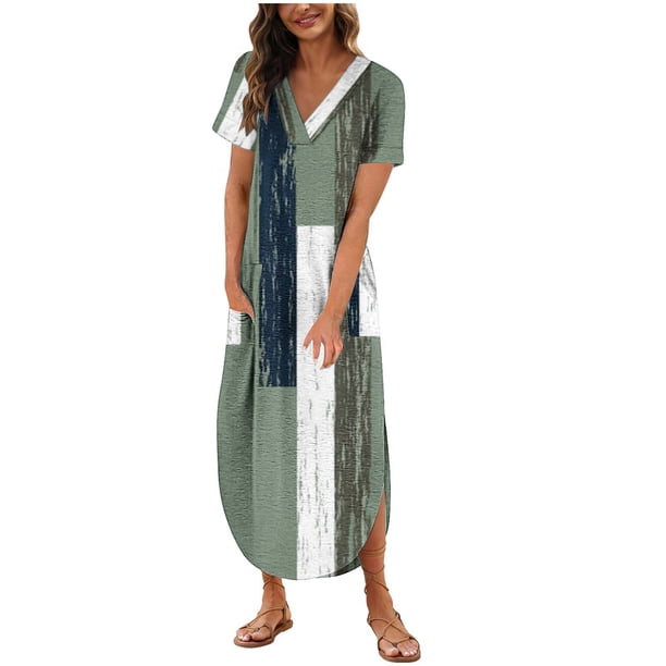 Vestido de Manga Corta para las Mujeres, Vestido Casual de Cuello en V de Bolsillo de Impresión de Moda Sexy Hecho de Poliéster Ligero para el Verano, Vestido de Verano para las Mujeres