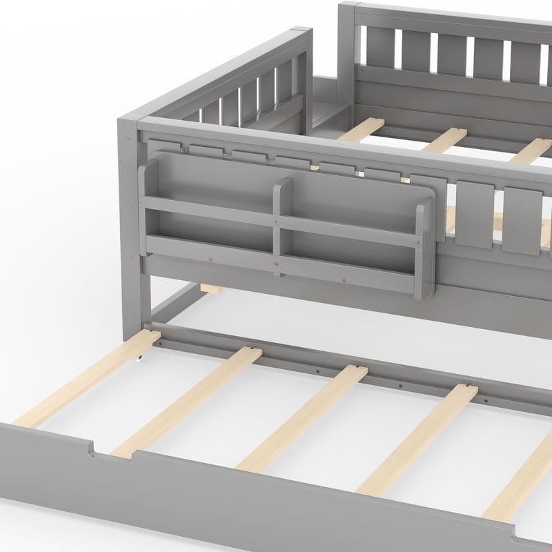 Queen Size Low-Profile Kid's Platform Bed with Built-in Bookshelves & Small Staircase, Wooden Bed Frame with Safety Rails & Trundle