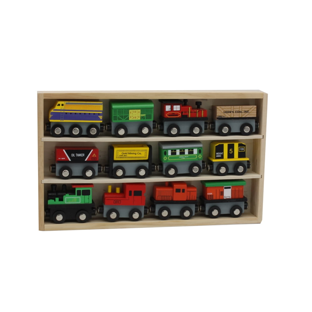 12 Piece Wooden Toy Train Cars Set Compatible with Other Tracks