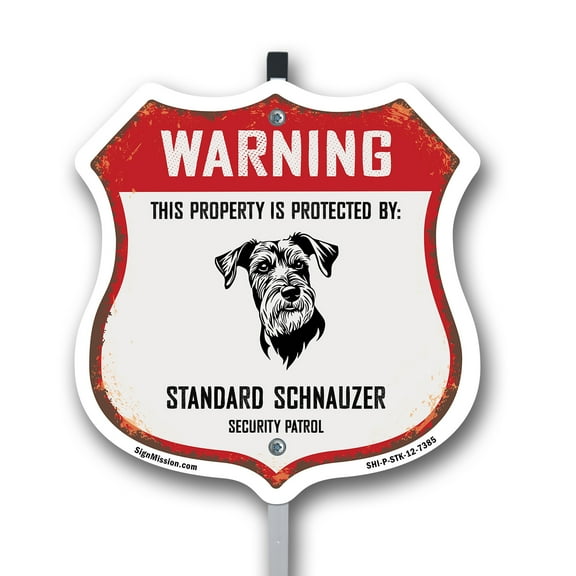 Warning This Property is Protected by Standard Schnauzer 12 inch X 12 inch Shield Shaped Rust-Free Aluminum Metal Sign with Aluminum Mounting Stake Weather Resistant Made in the USA