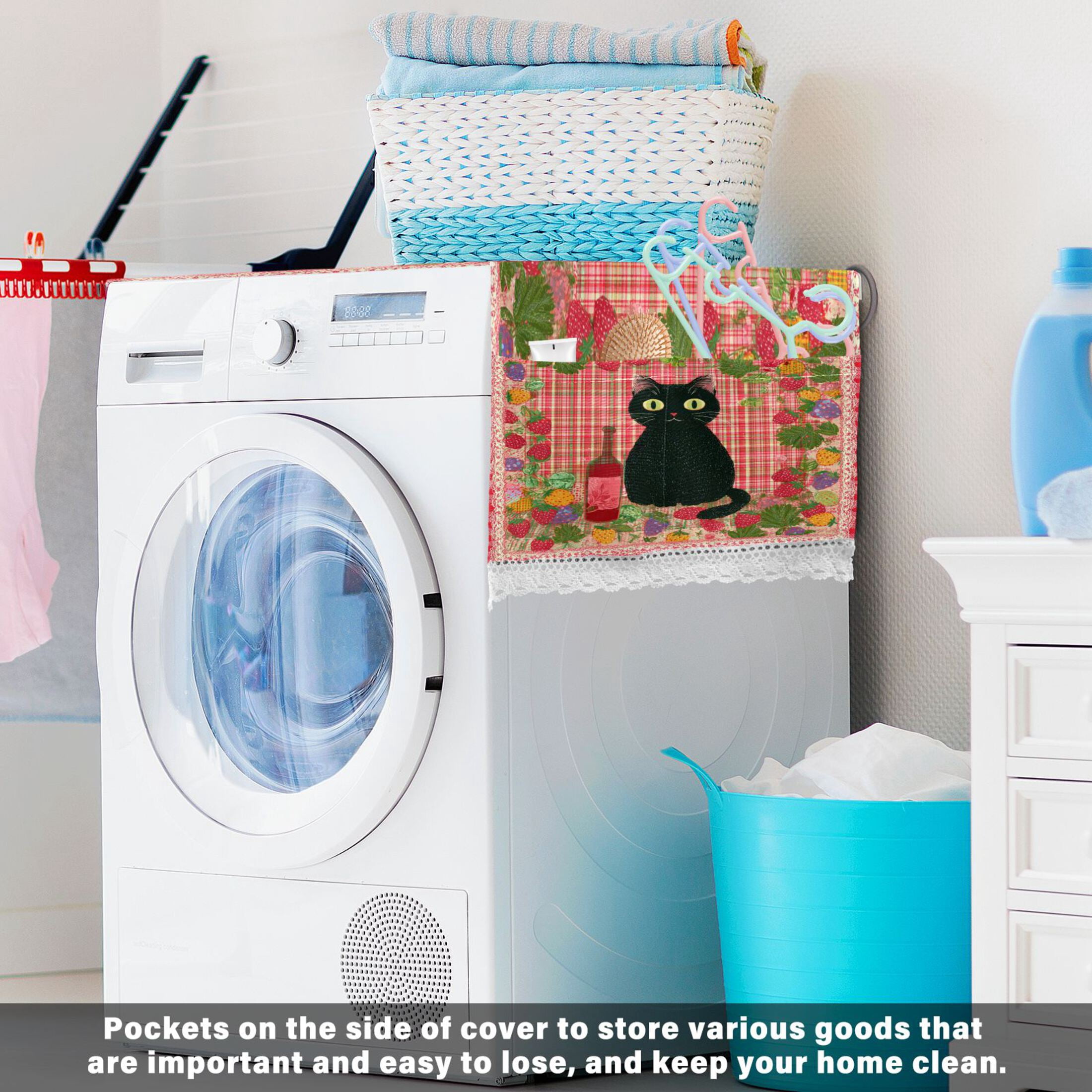 Wobogo Black Cat Motif Washing Machine Cover Dustproof Washer Dryer Cover Waterproof Laundry Room Decorative Protector