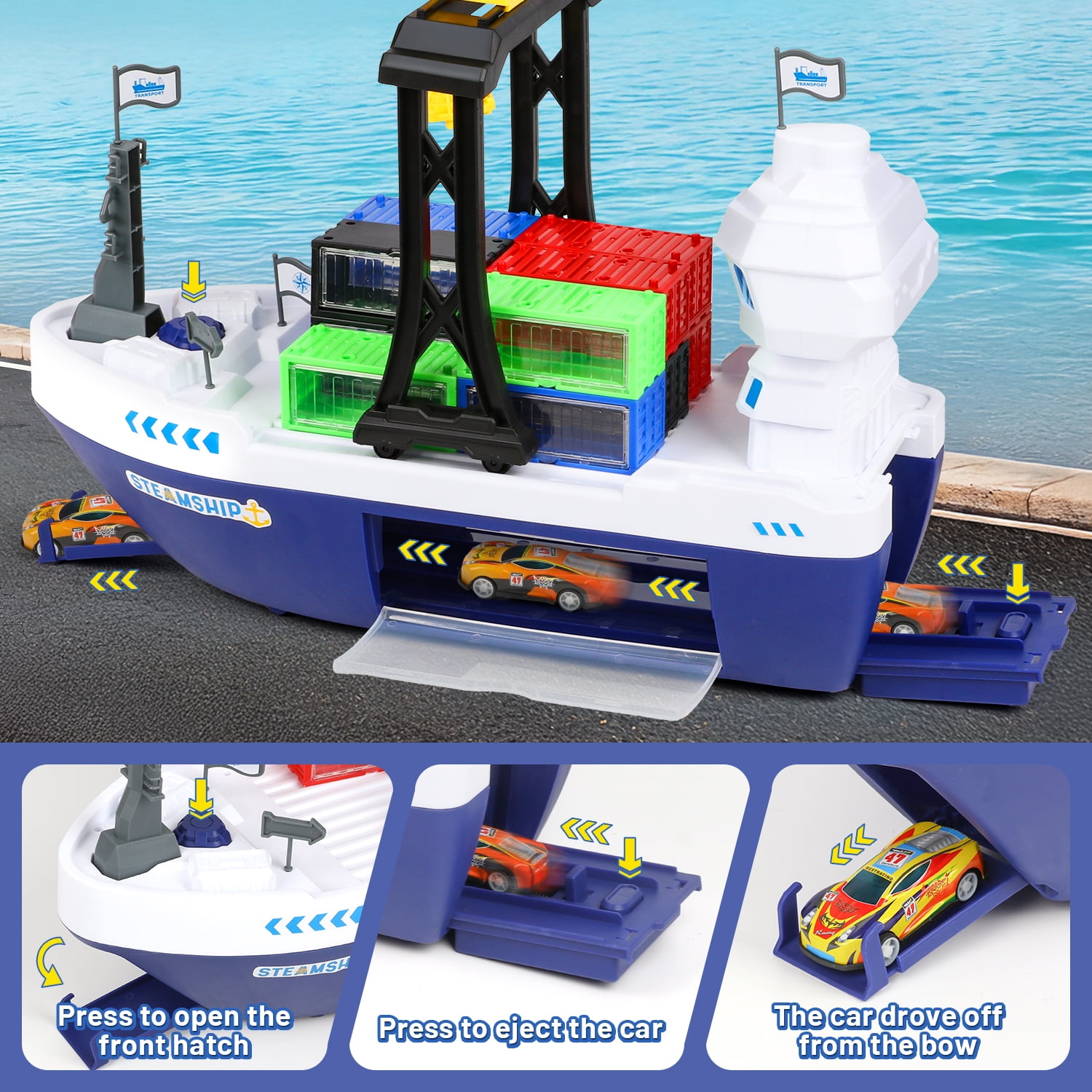 UQN Cargo Ship Toy & Gantry Crane for kids, Toy Boat and Crane Playset with 6 Race Cars and 12 Containers, Transport Cruise Ship, Cargo Boat Toys Birthday Gift for 3 4 5 6 7 8 Year Old Boys Kids
