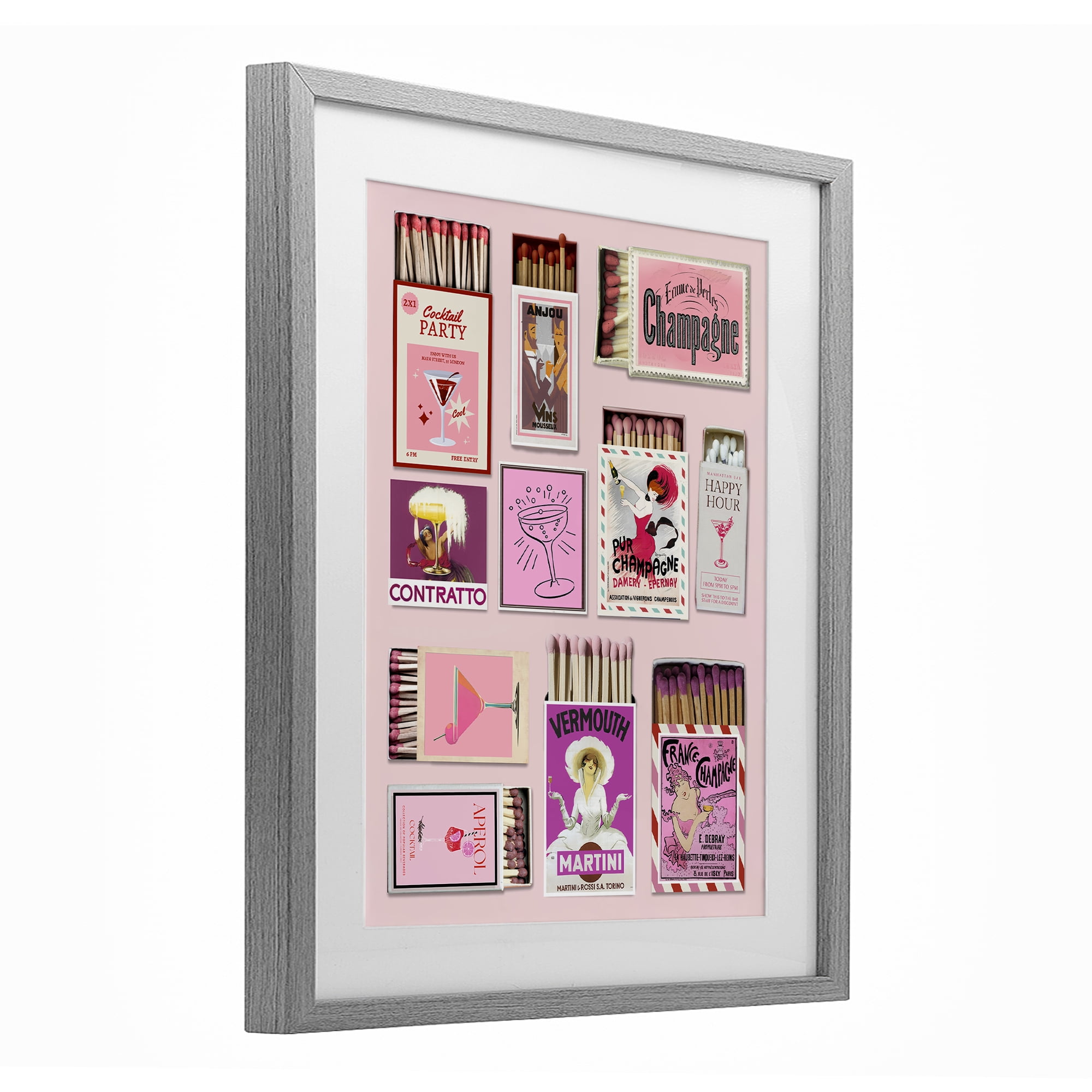 Stupell Industries Champagne & Cocktail Matchboxes Gray Framed Print Under Glass, design by CAD Designs