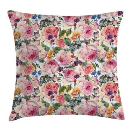 Shabby Chic Decor Throw Pillow Cushion Cover, Country Design with Flowers Florals Roses Orchids Buds Romantic Print, Decorative Square Accent Pillow Case, 18 X 18 Inches, Multicolor, by