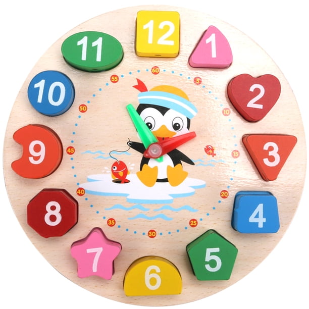 Reloj de madera para niños, juguete para aprender el tiempo, reloj de pingüino de dibujos animados, juguete rompecabezas para niños pequeños