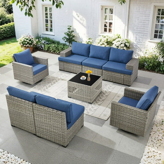 PARKWELL 8 Pieces Patio Furniture Sets,Outdoor Wicker Modular L Shaped Conversation Sectional Sofa Set with Coffee Table and Swivel Glider for Backyard Deck,Taupe/Navy