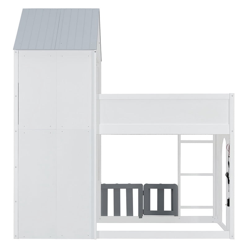 Twin over Twin House-Shaped Bunk Bed with Roof and Window, Kids/Teens Playful Designed Bed Frame with Fence and LED Light