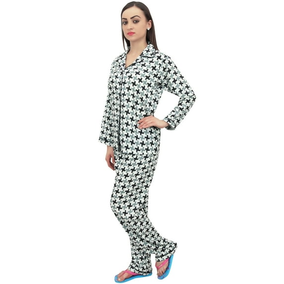 Bimba Geometric Print Set Of 2 Pcs White Button-Down Shirt With Pajama Pants - 4