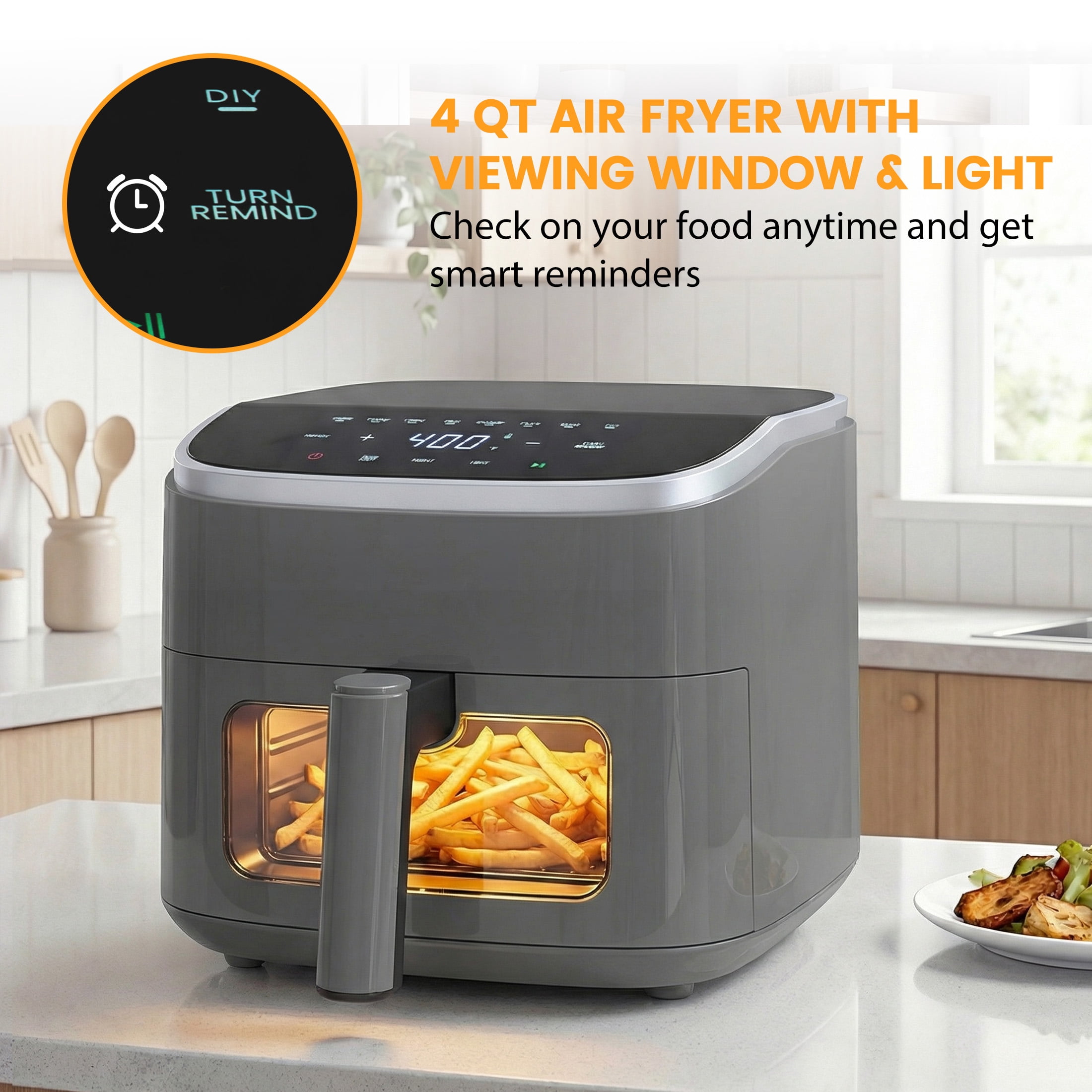 EDX 4QT Air Fryer, 1500W Digital Touchscreen with 8 Presets, Visible Window, Flip Reminder, Nonstick Dishwasher-Safe Basket, Gray