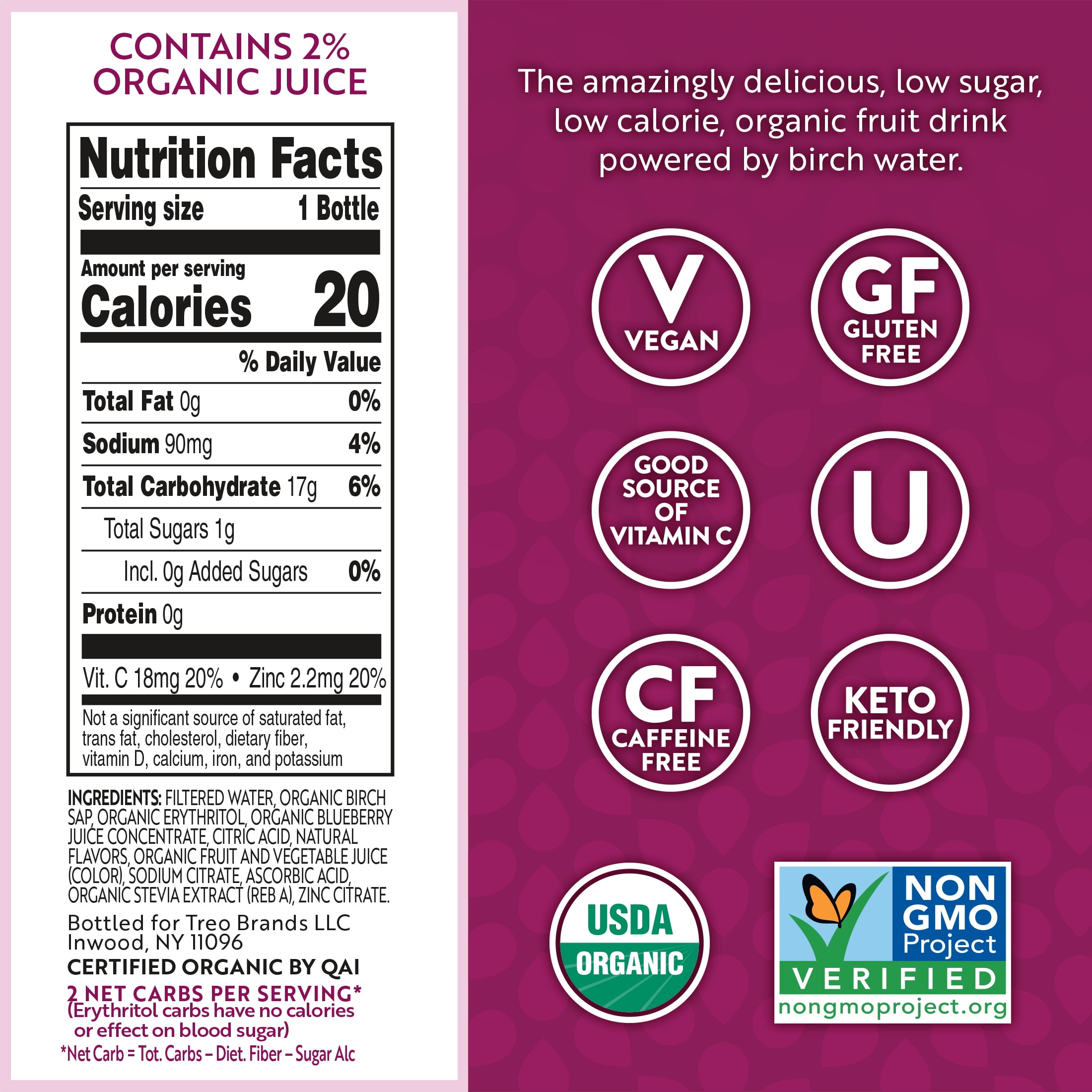 Treo Blueberry Flavored-Infused Bottled Birch Water, 16 oz