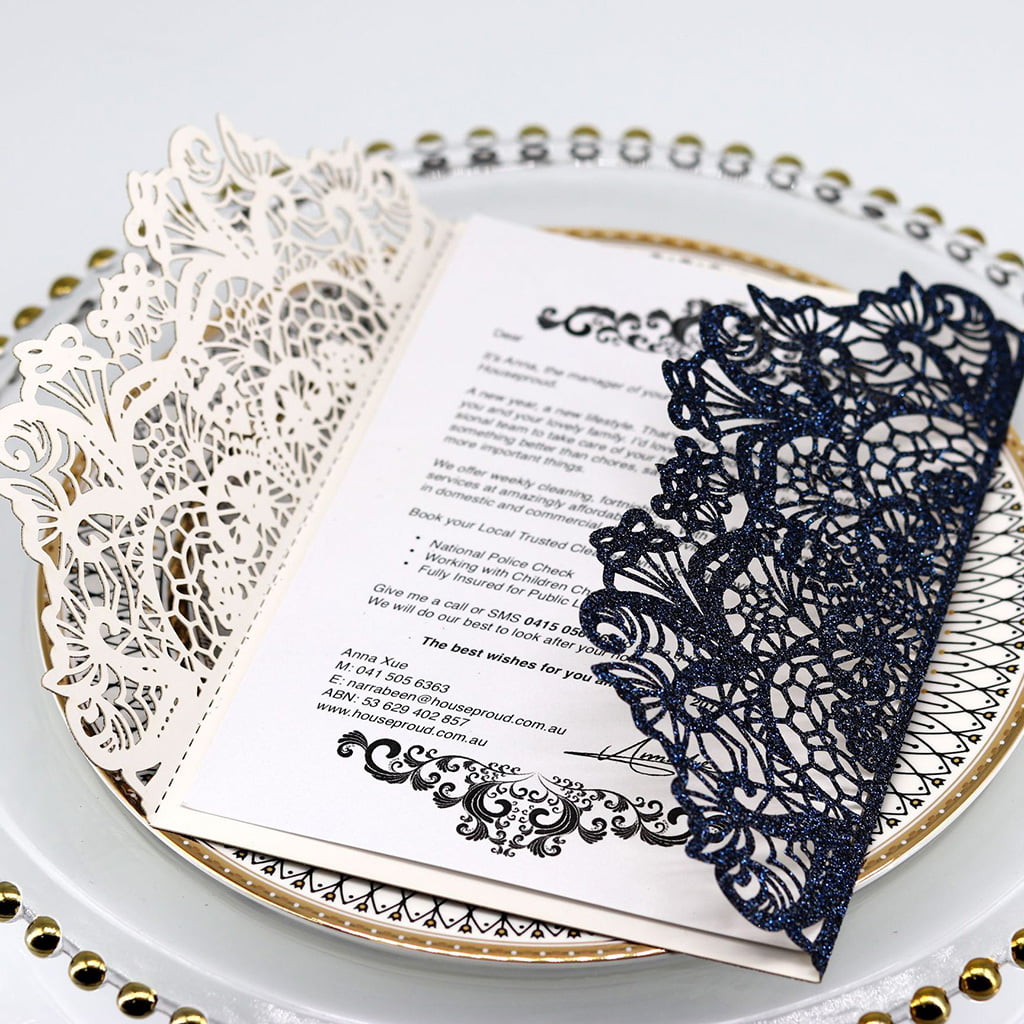10pcs Laser Cut Glitter Lace Wedding Invitation Cards With Bow Ribbon Envelopes 