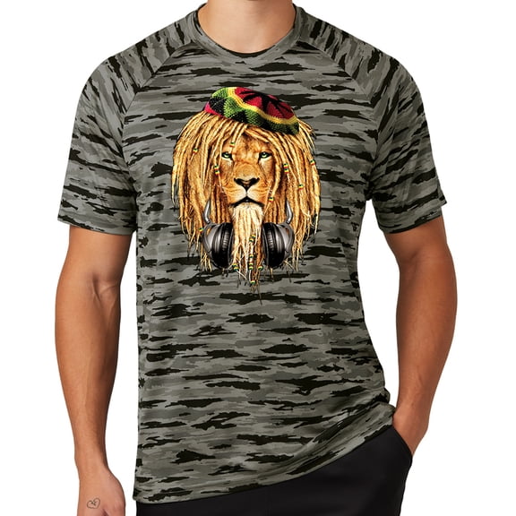 Mens Rasta Lion with Headphones Rastafarian Moisture-Wicking Camo Tee Shirt, XL Black