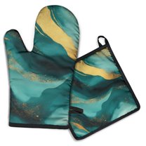 Teal Gold Marble Kitchen Oven Mitt and Pot Holder Sets 2 Pcs for Baking, Cooking and Grilling, Heat Resistant Up To 392 °F