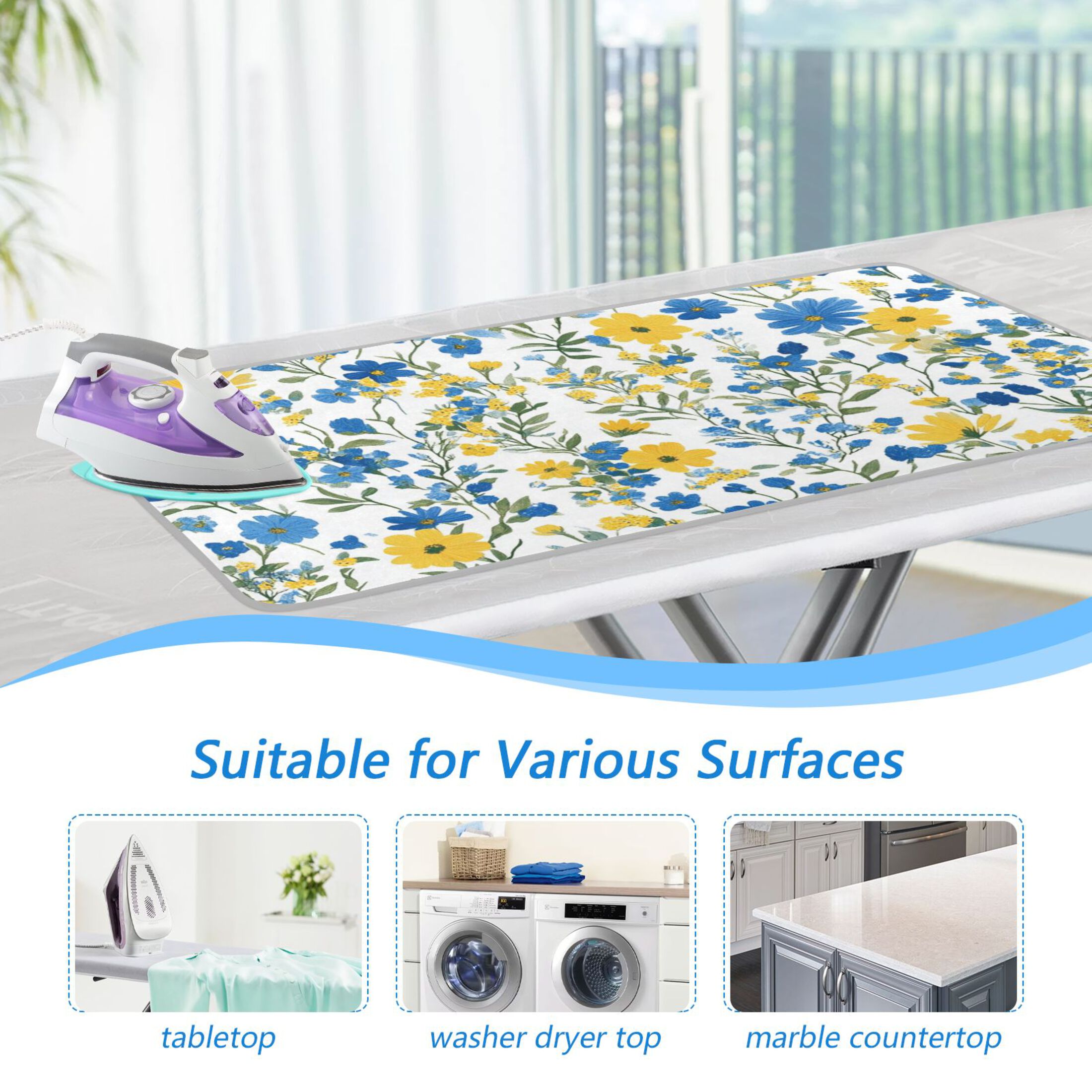 Blue and Yellow Florals Watercolor Ironing Mat Blanket Portable Travel Ironing Pad Heat Resistant Pad 47.2" x 27.6”