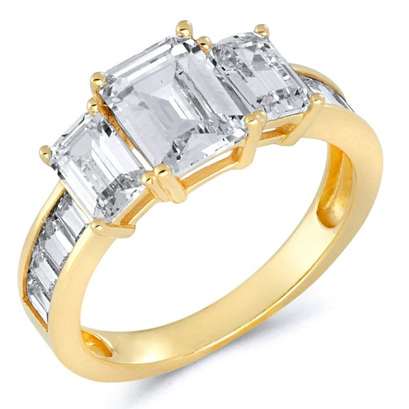 Wellingsale Ladies Solid 14k Yellow Gold Polished Emerald Cut 4 Prong CZ Cubic Zirconia 3 Stone Engagement Ring with Sidestones - Size 4