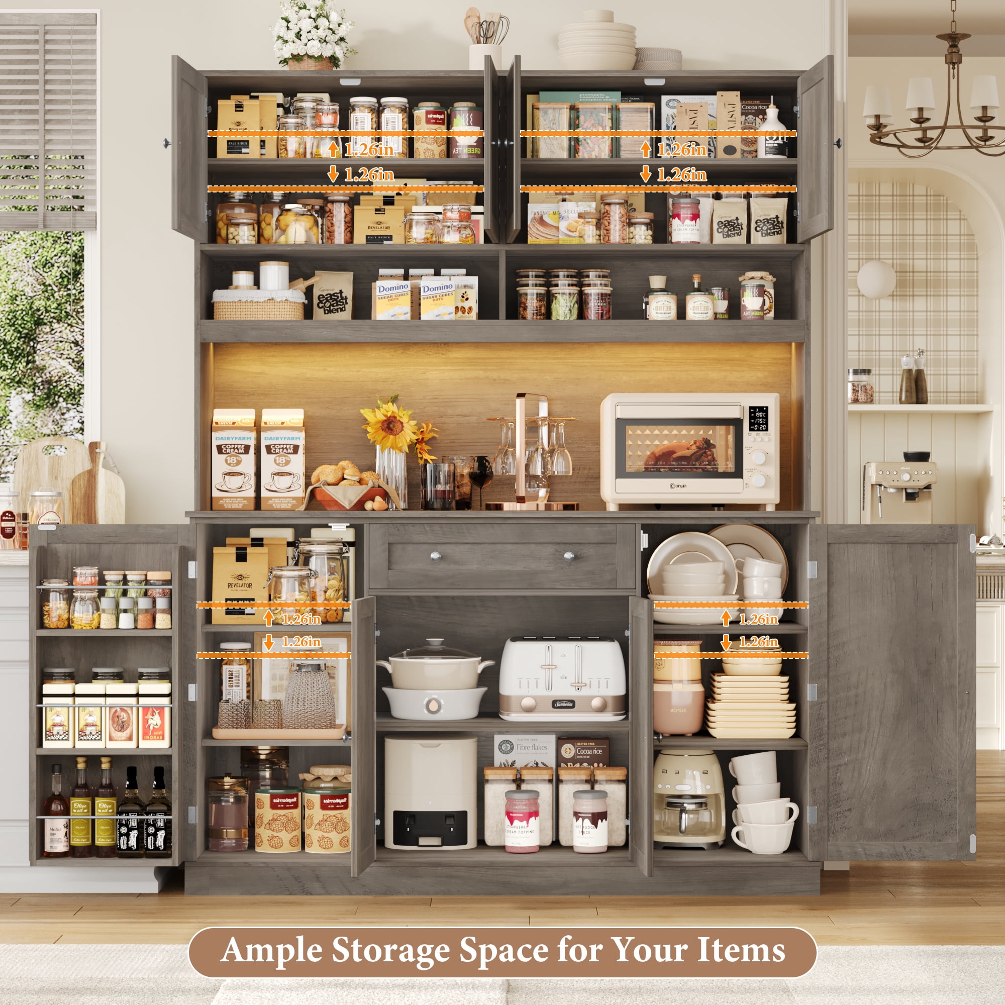Homfa 72.8'' Tall Kitchen Pantry Cabinet with LED Lights & Charging Station, 8 Doors Storage Cabinet with Drawers & Shelves & Countertop, Kitchen Hutch with Adjustable Shelves for Dining Room, Gray