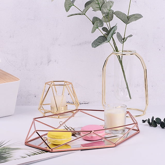 Leylor Bandeja de Almacenamiento de Joyas - Baño Sexangle Espejo Metal Oro Cosmético Almacenamiento de Joyas Organizador Bandeja Caja Placa(Oro Rosa)