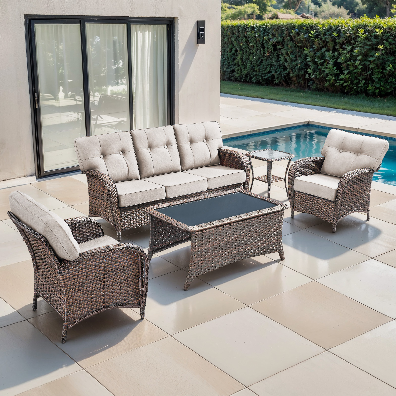 POCASSY 5 Piece Patio Furniture Set, All Weather Brown Wicker Outdoor Patio Furniture Set Patio Sofa Set with Club Lounge Chair and Coffee Table