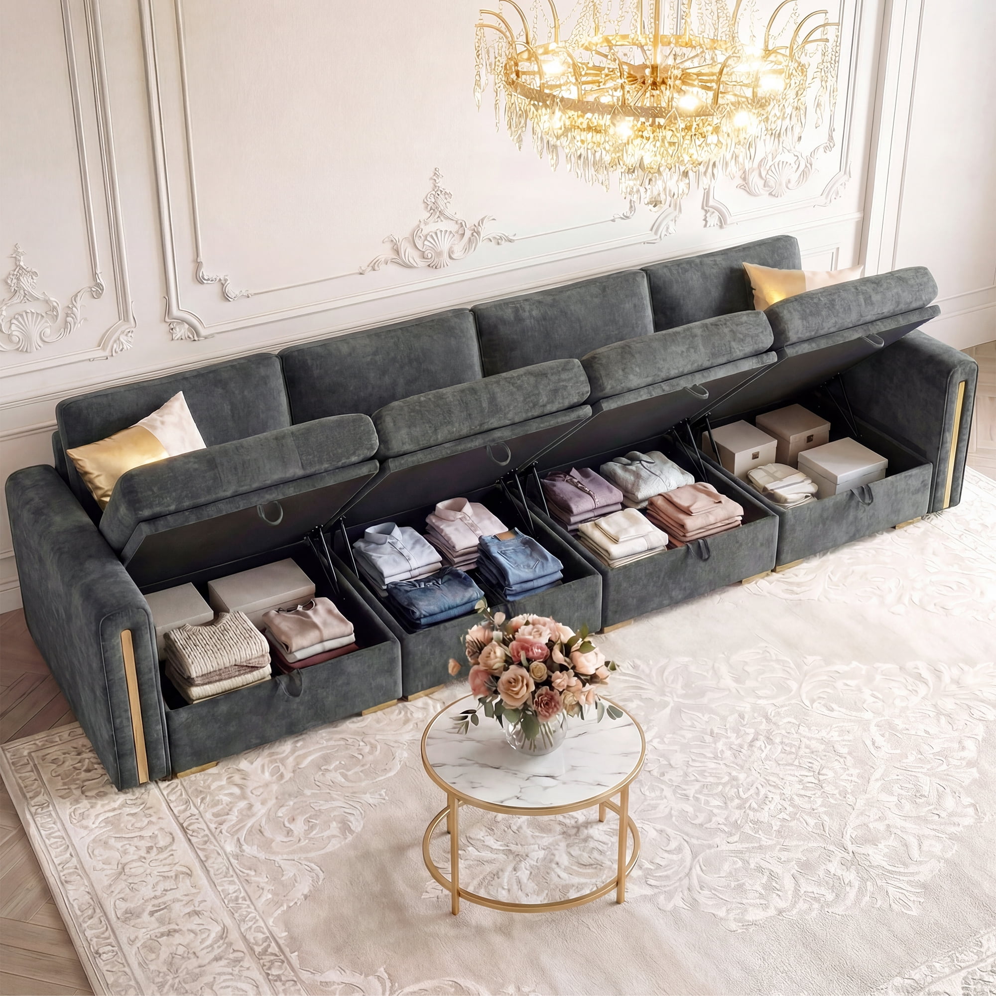Advwin 132" 4-Seater Oversized Modular Sectional Sofa with Storage Under Each Seat & Gold Metal Accents, Modern Luxury Chenille Convertible Cloud Couch for Living Room, Dark Gray