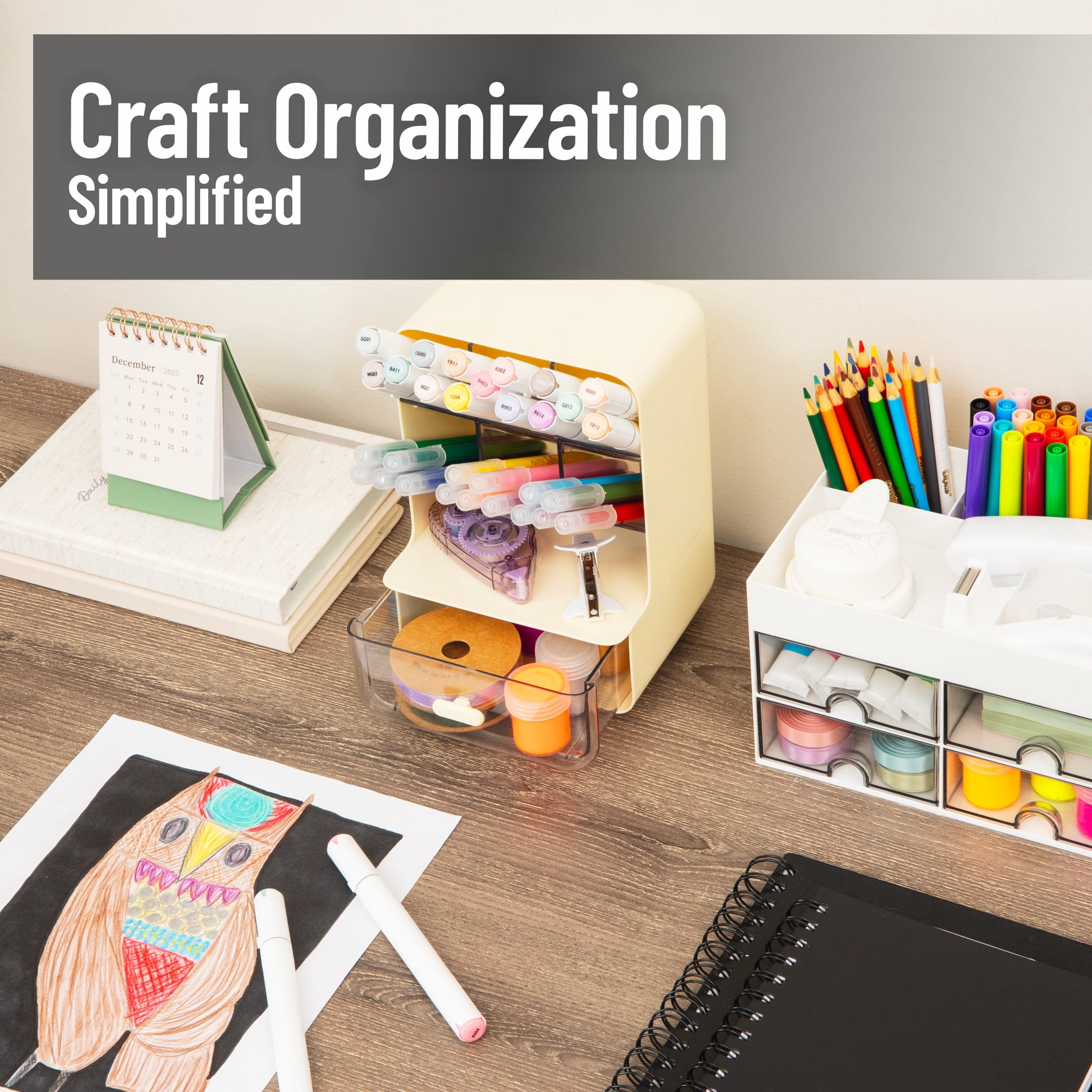 Mind Reader Compact Craft Supply Organizer with Drawer, 6 Slanted Compartments, Non-Skid Feet, Desktop Storages, Plastic, White