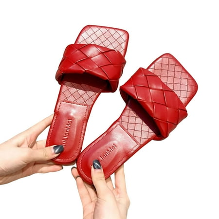 

Slippers for Women Square Open Toe Flat Sandals Slip On Mule Slipper Weave Ladies Slides Low Heel Shoes