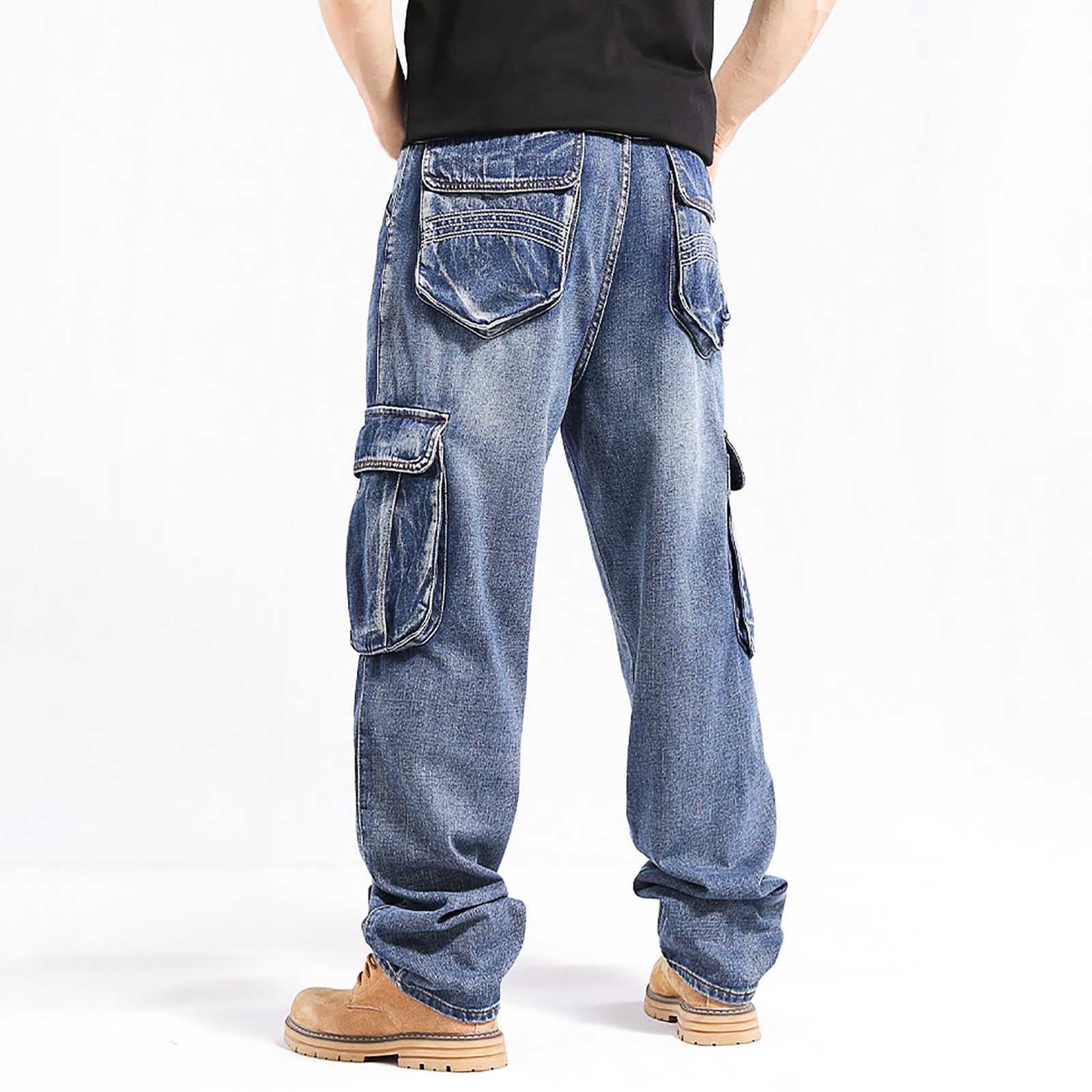 HOOMEUMY Men's Jeans Casual Loose Hip Hop Denim Work Pants Jeans with Cargo Pockets (Blue,30)
