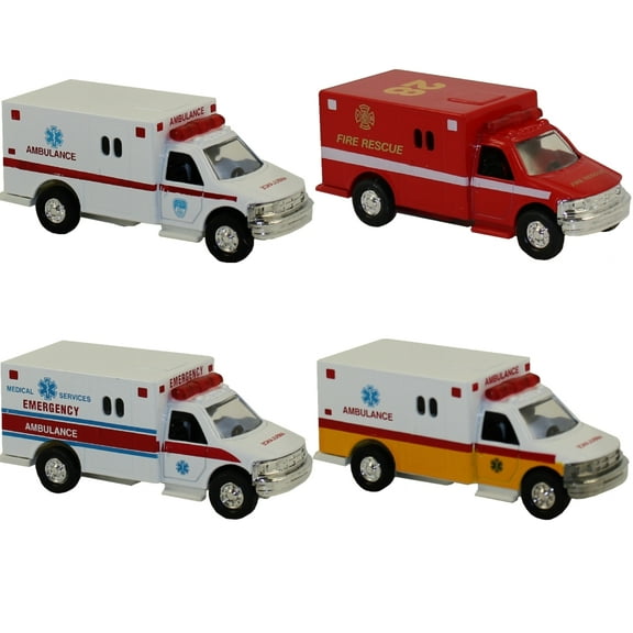 Rhode Island Novelty - Pull Back Die-Cast Metal Vehicles - SET OF 4 RESCUE AMBULANCES (5 inch)