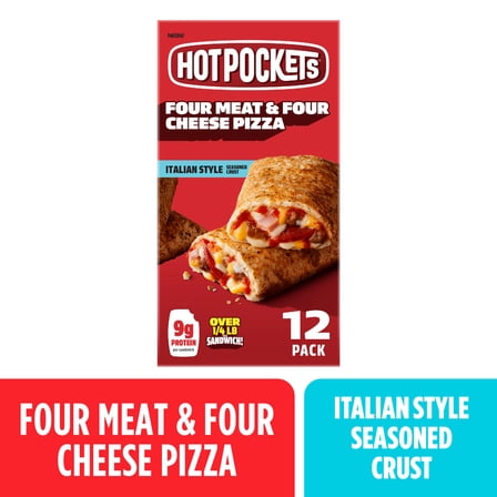 Hot Pockets Frozen Snacks, Four Meat and Four Cheese, Italian Style Seasoned Crust Sandwich, 51 oz, 12 Pack (Frozen)