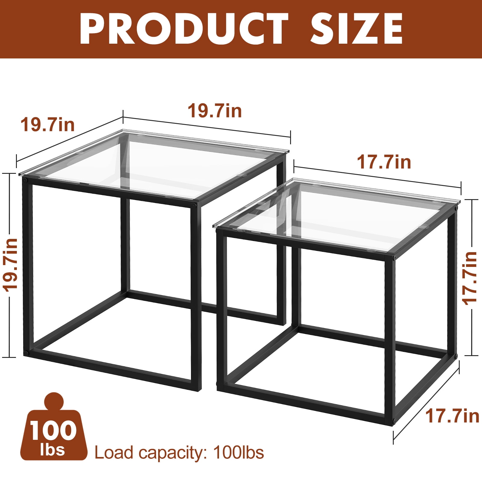 Coffee Table Set of 2, Modern Black Glass Side Table, Metal Frame Square End Table, Center Tables,Nesting Coffee Table for Living Room,Bedroom and Small Spaces
