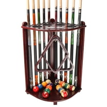 GSE Games & Sports Expert Corner Style Floor Stand Billiard Pool Cue Rack with Score Counters. Holds 10 Cue Sticks, 2 Ball Racks,16 Pool Balls - Mahogany
