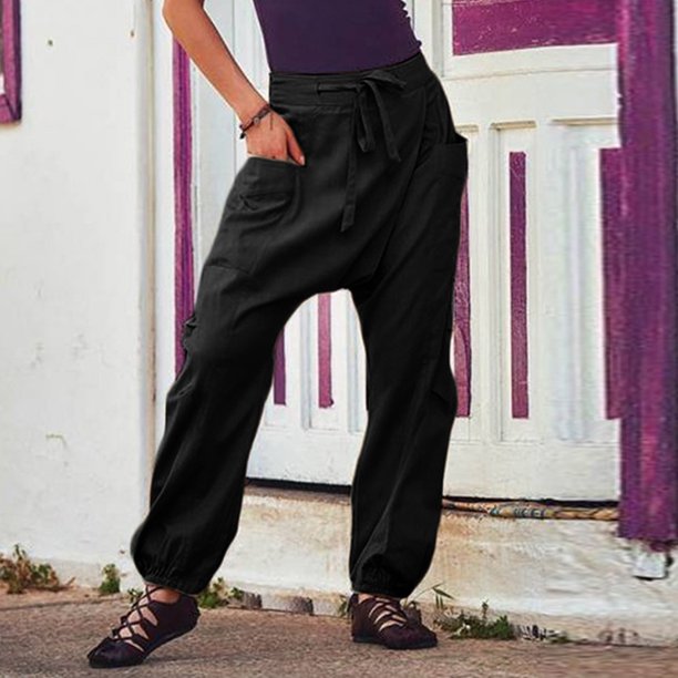Women Drawstring Elastic Waist Loose Crotch Pants Casual Hem Rubber