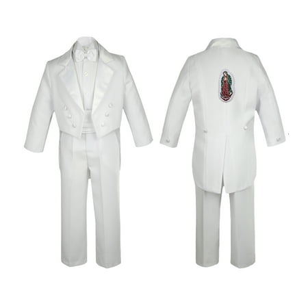 New Born Baby Boy Teen Christening Formal White Tail Suit Silver Virgin Mary On Back SM-20