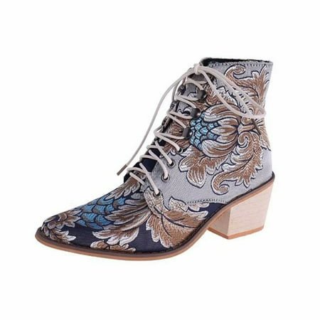 

KBKYBUYZ Winter Ladies Flat Embroidered Lace-up Retro Casual Ankle Boots