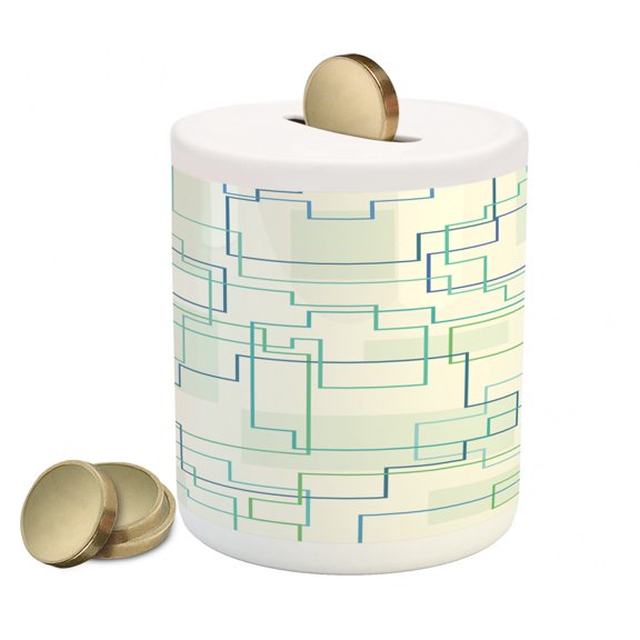 Geometric Piggy Bank, Futuristic Design Like a Subway Line with All Routes in Town Pattern, Ceramic Coin Bank Money Box for Cash Saving, 3.6" X 3.2", Mint Green Royal Blue, by Ambesonne