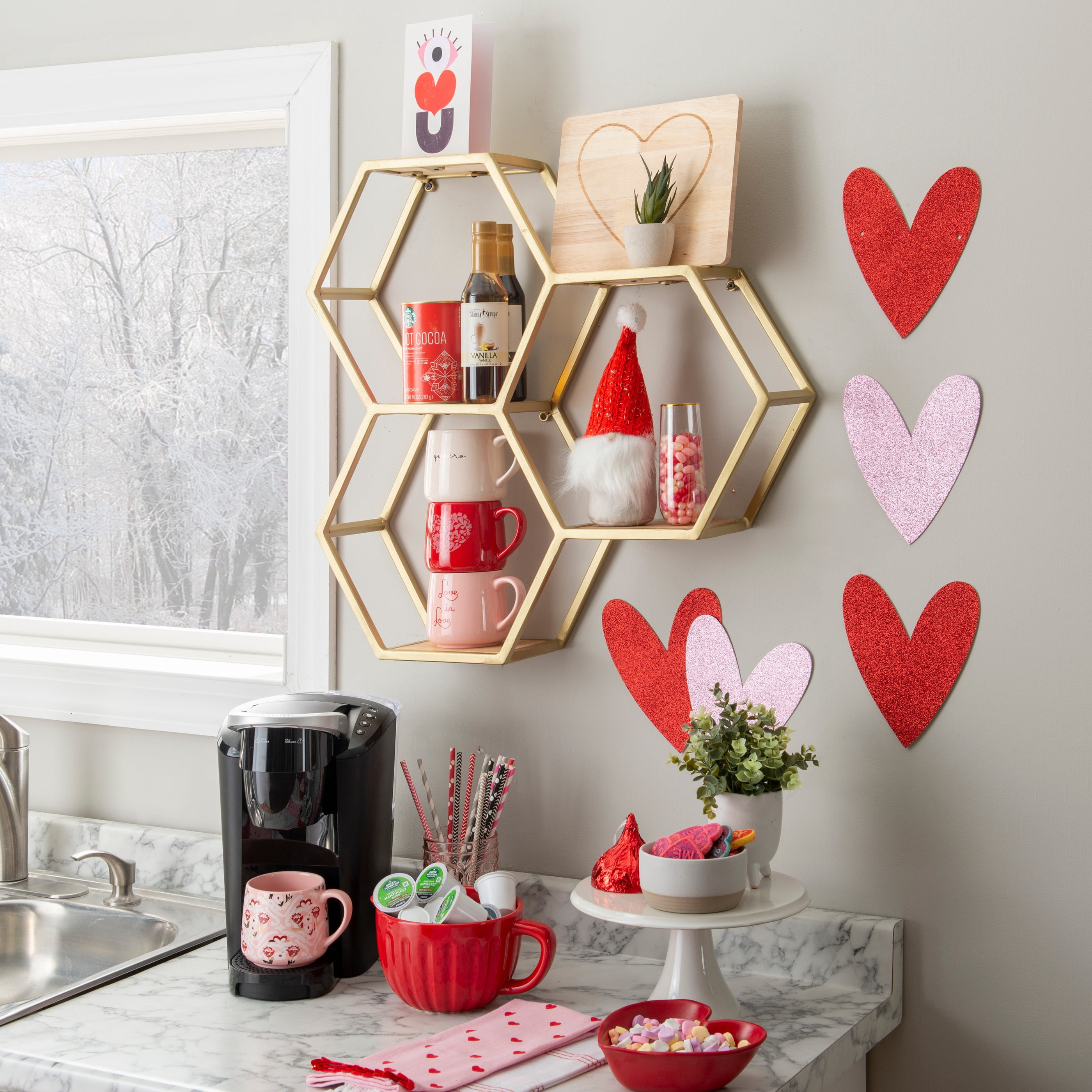 Powell Wilson 3-Compartment Honeycomb Wall Shelves, Gold Metal with Natural Mango Wood