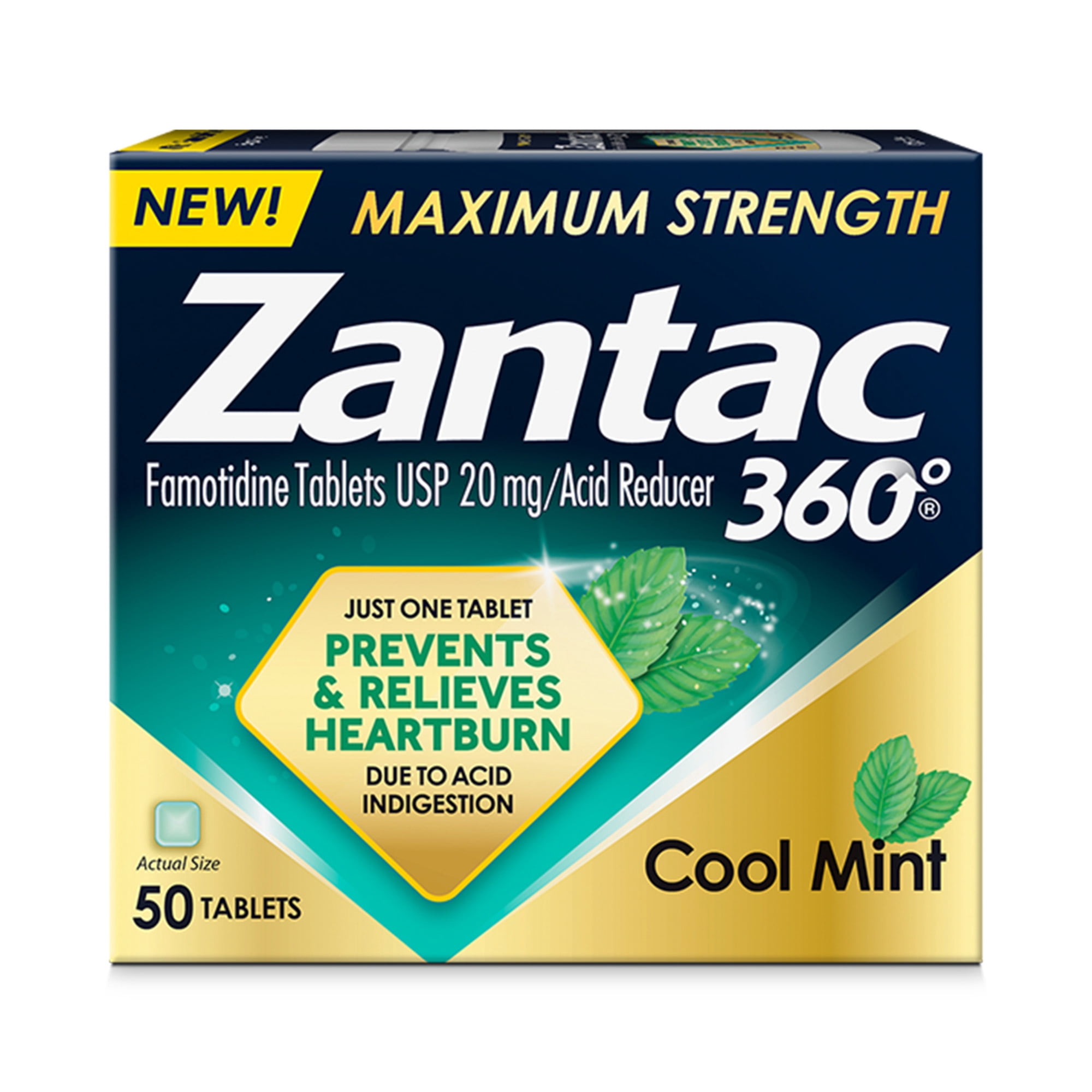 Zantac 360 Maximum Strength, Cool Mint, 50 Count, Heartburn Prevention & Relief, 20mg Tablets