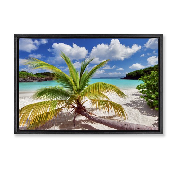 Stupell Industries Palm Tree Across Beach Coastal Photography Black Floater Framed Canvas Art Print Wall Art, 31 x 21