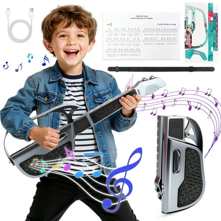 UQN Kids Guitar Toy, Kids Electric Guitar Musical Instrument Toy, Stringless & Foldable & Three Tones Switch & Rechargeable Toddler Guitar for 3 4 5 6 Boys Girls Christmas Birthday Gifts, Black