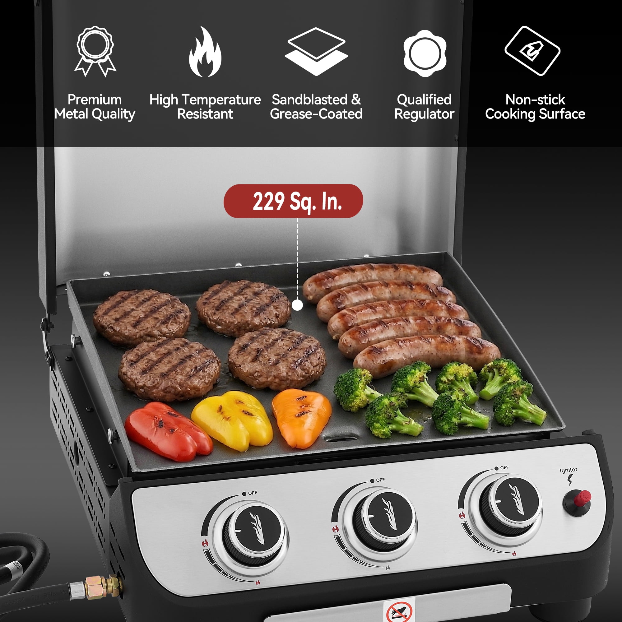 Royal Gourmet PD1505S Portable Flat Top Gas Griddle with Hood for Backyard, Patio and Outdoor Cooking, Black