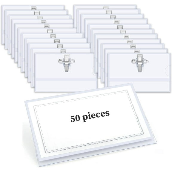 50 Pcs Name Badges with Clip and Pin - Clear Plastic ID Holders for School Office Conference