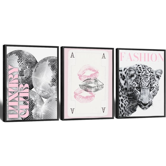 Trendy Set Of 3 Pink Leopard Poster Cheetah Disco Poker A Canvas Wall Art Black And White Gallery Preppy Prints Painting For Home Bedroom Dorm Wall Decor